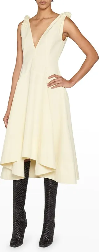 Plunging Knot-Shoulder Midi Canvas Dress