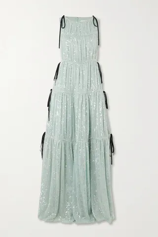 Erdem - Isla Grosgrain-trimmed Tiered Sequined Voile Gown - Blue