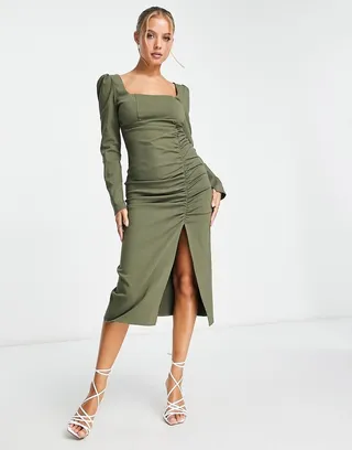 ASOS DESIGN square neck ruched side midi dress in khaki