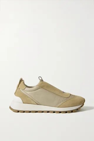 Brunello Cucinelli - Bead-embellished Suede-trimmed Shell Slip-on Sneakers - Neutrals