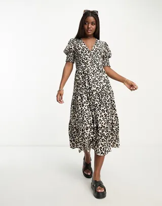 Influence button down tiered midi dress in leopard print