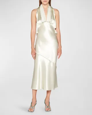 Beaded-Ruffle Halter Satin Midi Dress