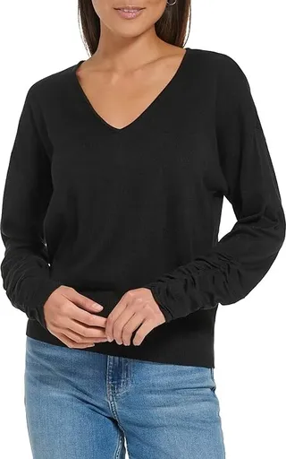 Calvin Klein Ruched Sleeve V-Neck (Black) Women's Clothing