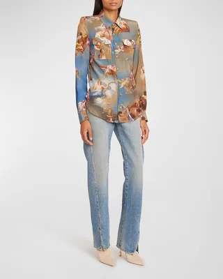 Sky-Print Crepe Strong-Shoulder Collared Shirt