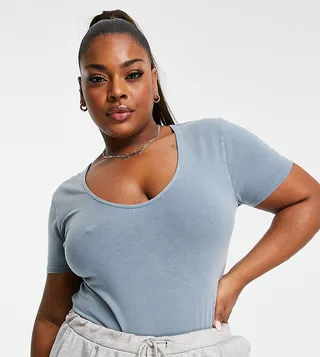 ASOS DESIGN Curve short sleeve washed bodysuit in blue