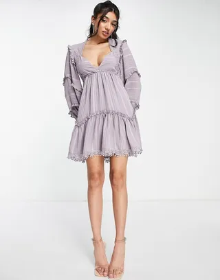 ASOS DESIGN lace insert tiered mini dress with trim detail