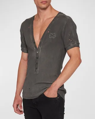 Men's Destroyed V-Neck Henley Shirt