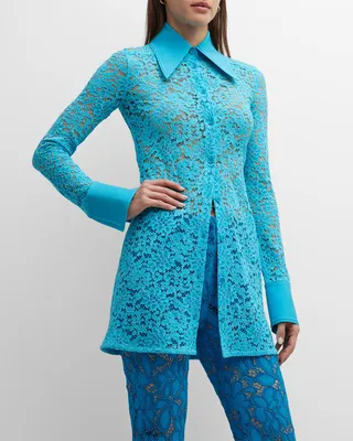 Floral Lace Long Button-Front Shirt