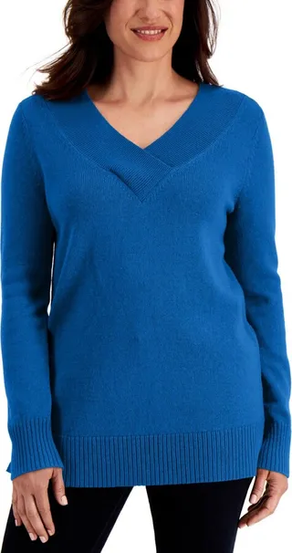 Womens Knit Ribbed Trim V-Neck Sweater