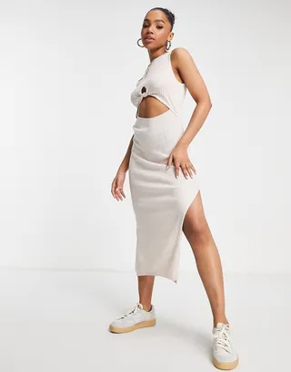 ASOS DESIGN sleeveless maxi dress with cut out front in oatmeal