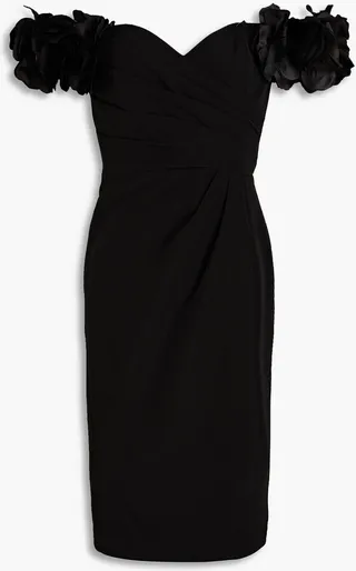 Off-the-shoulder floral-appliquéd crepe dress