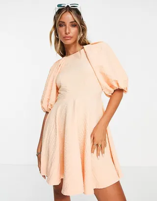 ASOS DESIGN open back puff sleeve mini dress in apricot texture