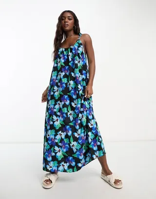 ASOS DESIGN tie strap detail trapeze maxi slip dress in blue floral print