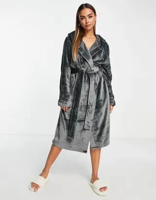 ASOS DESIGN super soft fleece midi robe in gray