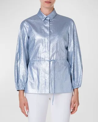 Metallic Seersucker Peasant-Sleeve Shirt