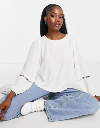 JDY lace insert balloon sleeve blouse in white