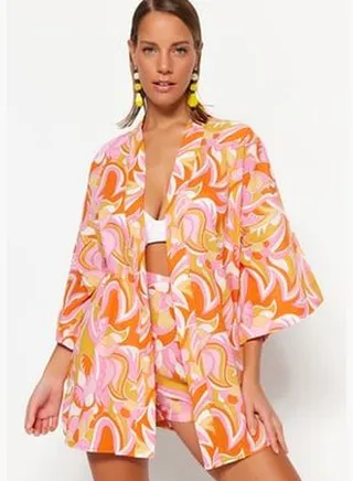 Abstract Pattern Mini Woven 100% Cotton Kimono & Kaftan TBESS23KM00040