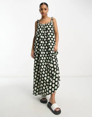 ASOS DESIGN tie strap detail trapeze maxi slip dress in green floral dot print