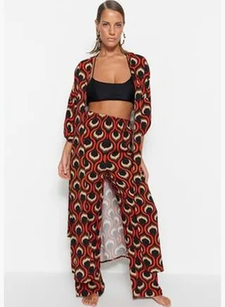 Geometric Pattern Belted Maxi Woven Kimono & Kaftan with Balloon Sleeves TBESS23KM00046