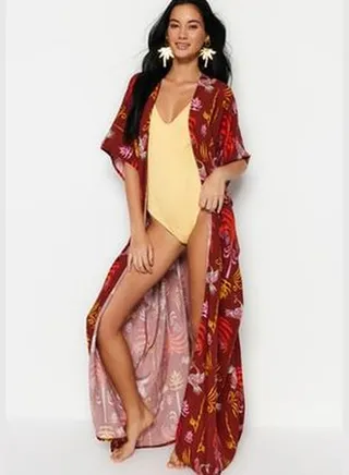 Ethnic Patterned Belted Maxi Woven Kimono & Kaftan TBESS23KM00093