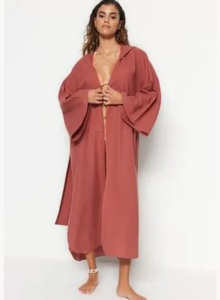Brown Belted Maxi-Weave Kimono & Kaftan 100% Cotton with a Woven Hoodie TBESS23KM00042
