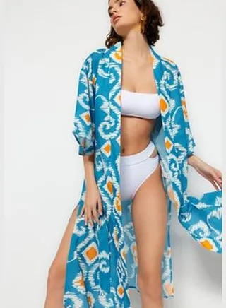 Ethnic Pattern Belted Maxi-Weave 100% Cotton Kimono & Kaftan TBESS23KM00064