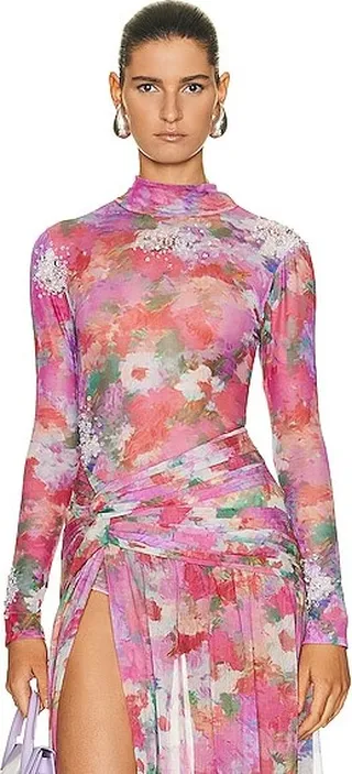PatBO Hand Beaded Printed Tulle Bodysuit in Pink
