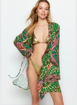 Ethnic Patterned Mini Woven Tie Kimono & Kaftan TBESS23KM00045