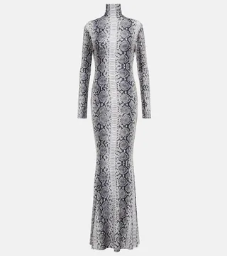 Snake-print turtleneck jersey maxi dress