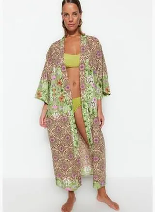 Floral Pattern Belted Maxi-Weave 100% Cotton Kimono & Kaftan TBESS23KM00009.