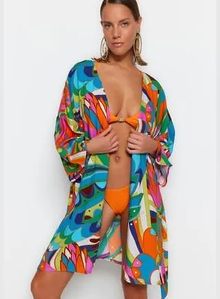 Abstract Pattern Belted Mini-Weave 100% Cotton Kimono & Kaftan TBESS23KM00069