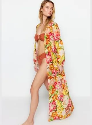 Maxi Woven Kimono & Kaftan with Floral Pattern Belt TBESS23KM00027