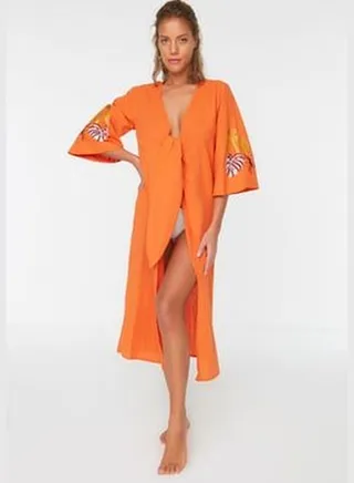 Orange Woven Midi 100% Cotton Kimono & Kaftan with Embroidery TBESS21KM0031