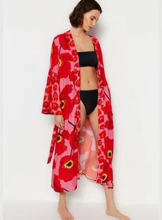 Maxi Woven Kimono & Kaftan with Floral Pattern Belt TBESS23KM00071