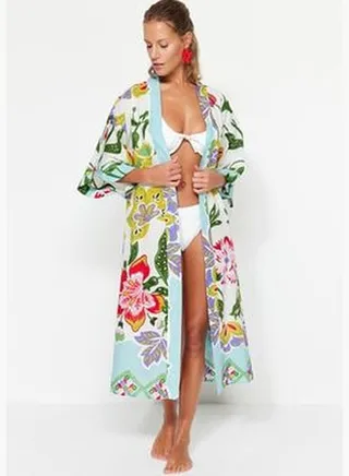 Floral Pattern Belted Maxi-Weave 100% Cotton Kimono & Kaftan TBESS22KM0023