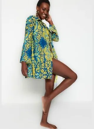 Ethnic Patterned Mini Woven Kimono&Caftan with Tassels 100% Cotton TBESS23KM00013