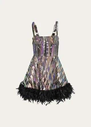 Mademoiselle Feather-Trim Sequin Mini Dress
