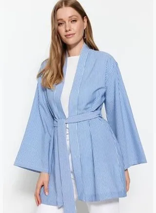 Weave See-through Striped Kimono & Kaftan with Blue Belt TCTSS23KK00001