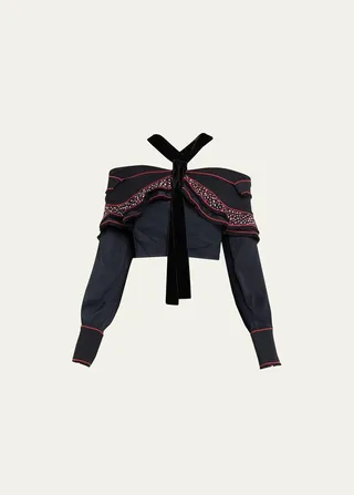 Textured Tiered-Fringe Halter Crepe Top