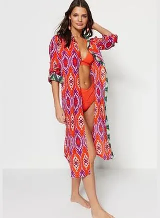 Ethnic Patterned Midi Woven 100% Cotton Kimono & Kaftan TBESS20KM0017