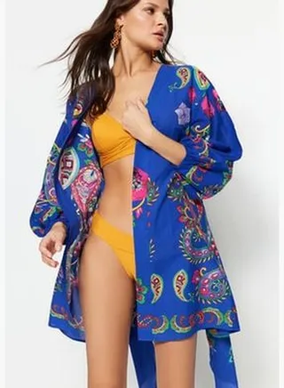 Paisley Pattern Belted Mini Woven Balloon Sleeves 100% Cotton Kimono & Kaftan TBESS22KM0022