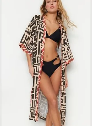 Geometric Patterned Belted Maxi Woven Kimono & Kaftan TBESS23KM00025