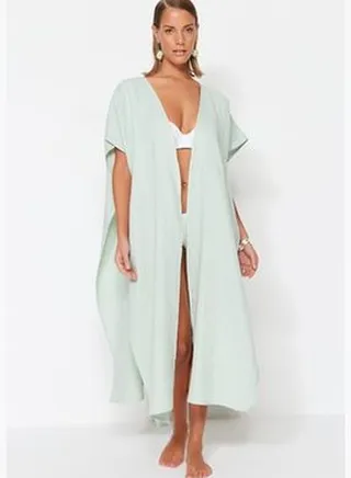 Green Belted Maxi Weave 100% Cotton Kimono & Kaftan with Slit TBESS23KM00019