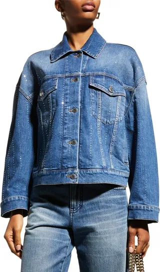 Rhinestone Hotfix Striped Oversize Denim Jacket