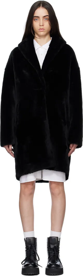 Yves Salomon - Meteo Black Shawl Collar Shearling Coat