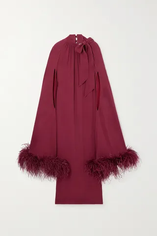 Huishan Zhang - Willhemina Cape-effect Feather-trimmed Crepe Gown - Red