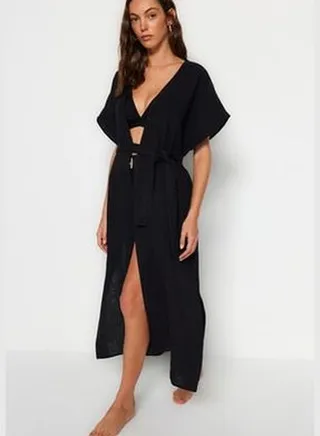 Black Belted Maxi Weave 100% Cotton Kimono & Kaftan with Slit TBESS23KM00019