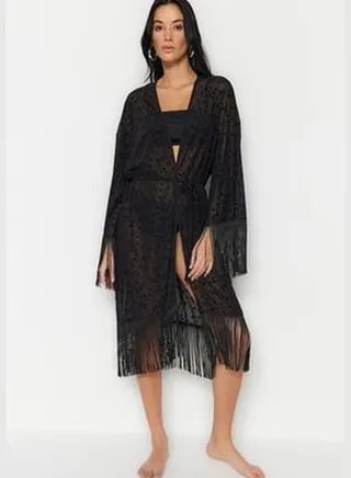 Black Belted Maxi Knitted Fringe Kimono & Kaftan TBESS23KM00091