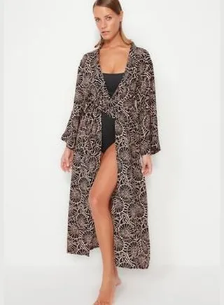 Underwater Patterned Belted Maxi Woven Kimono & Kaftan TBESS23KM00037