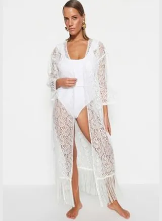 White Belted Maxi Knitted Fringe Kimono & Kaftan TBESS23KM00047